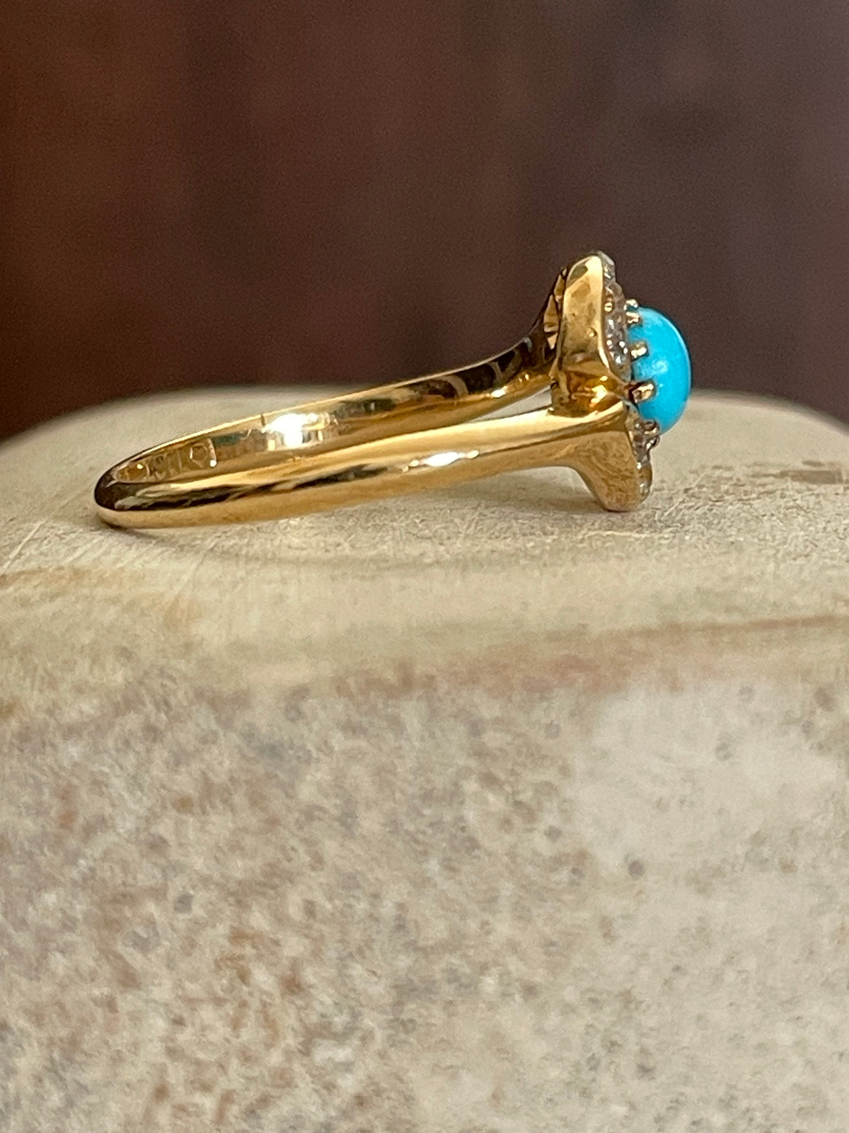 18K Antique OMC Diamond Halo Ring with Sleeping Beauty Turquoise