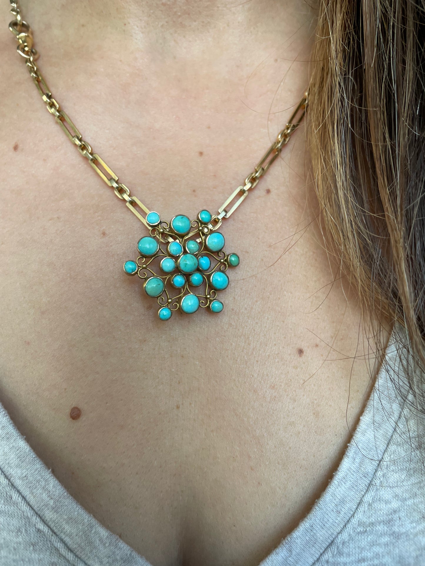 18k Antique Victorian Turquoise Cluster Brooch