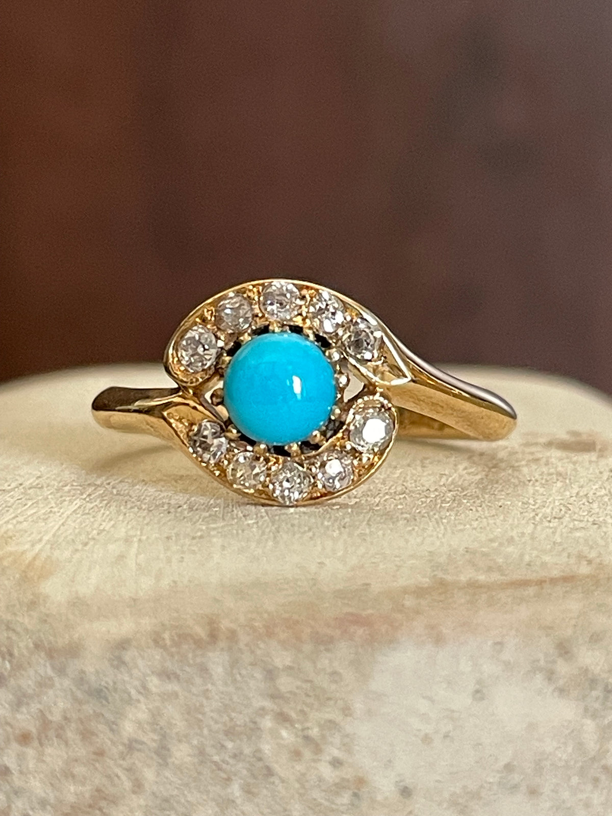 18K Antique OMC Diamond Halo Ring with Sleeping Beauty Turquoise