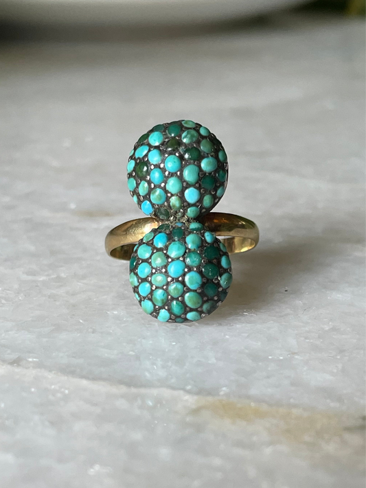 18k Antique Double Bombe Turquoise Cluster Ring