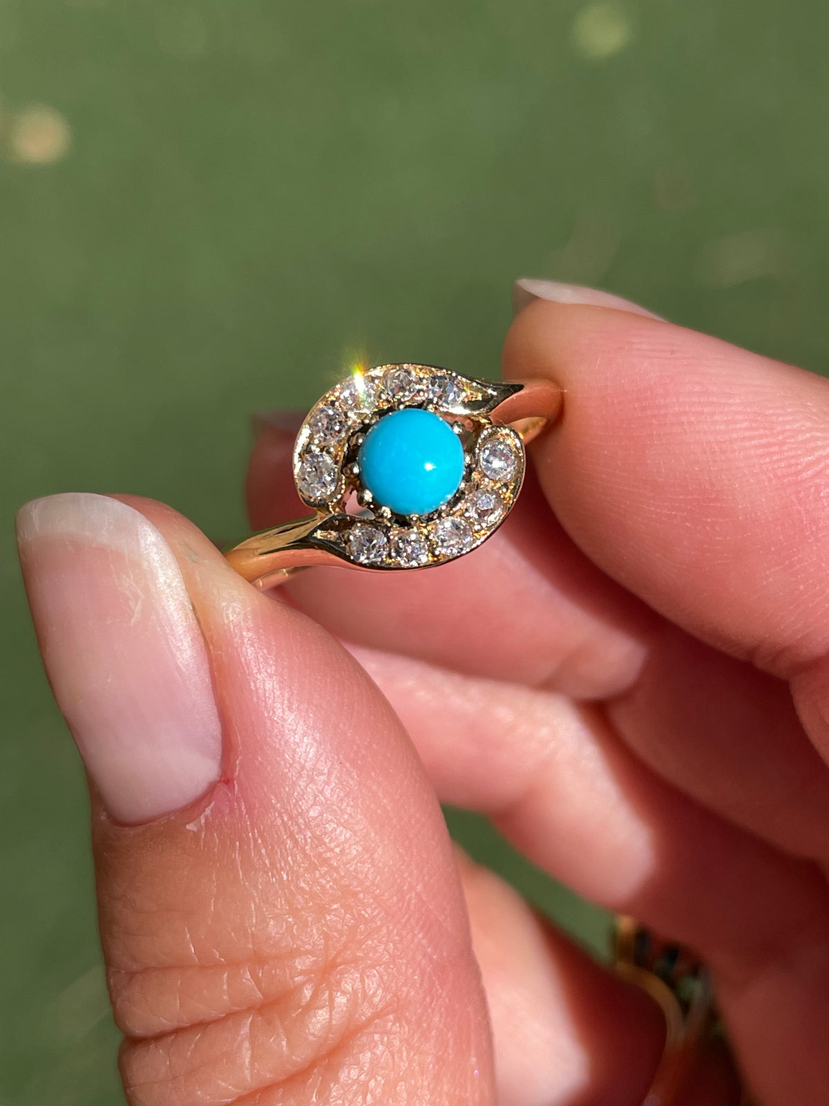 18K Antique OMC Diamond Halo Ring with Sleeping Beauty Turquoise