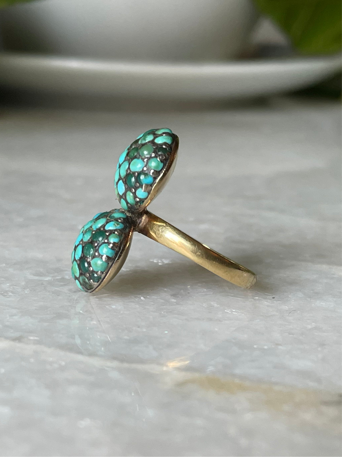 18k Antique Double Bombe Turquoise Cluster Ring