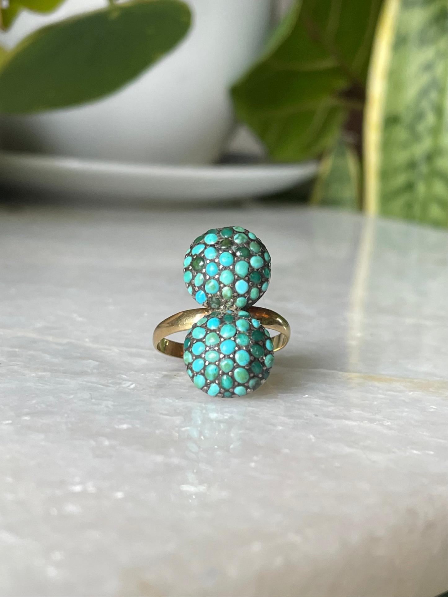 18k Antique Double Bombe Turquoise Cluster Ring