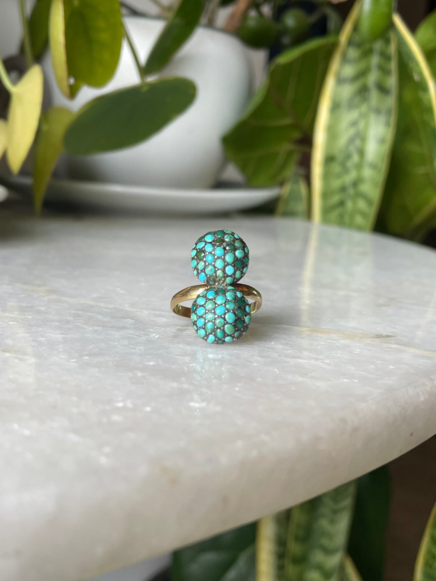 18k Antique Double Bombe Turquoise Cluster Ring