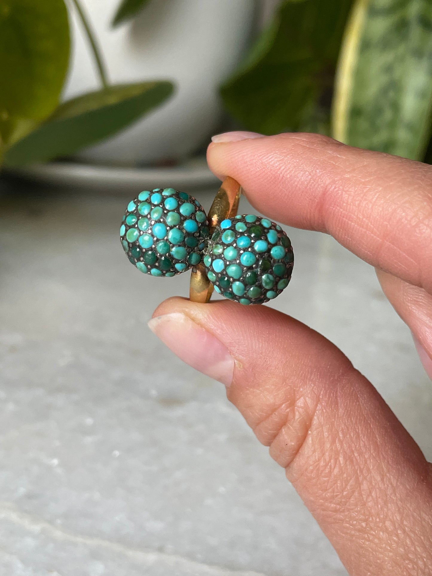 18k Antique Double Bombe Turquoise Cluster Ring