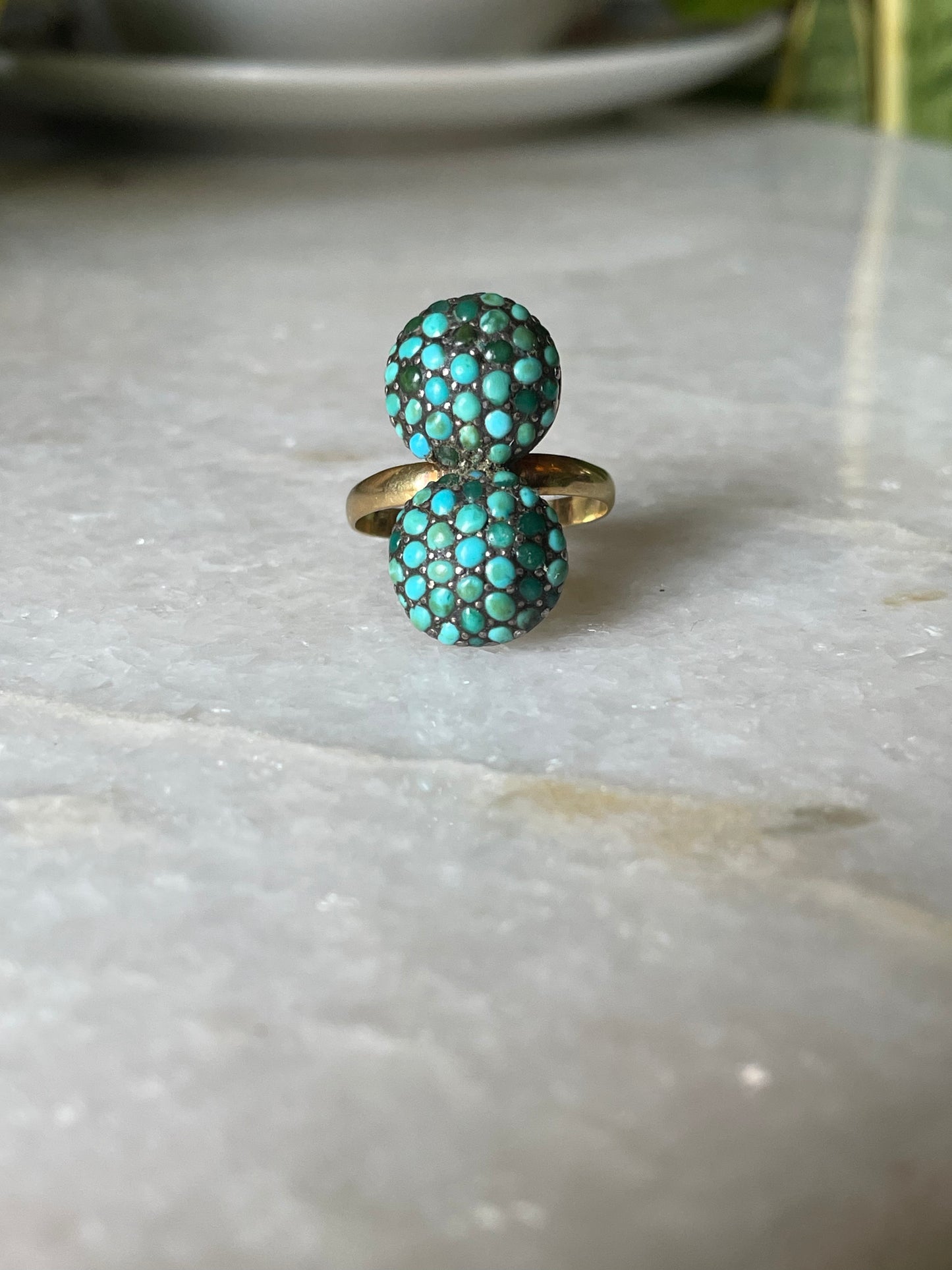 18k Antique Double Bombe Turquoise Cluster Ring