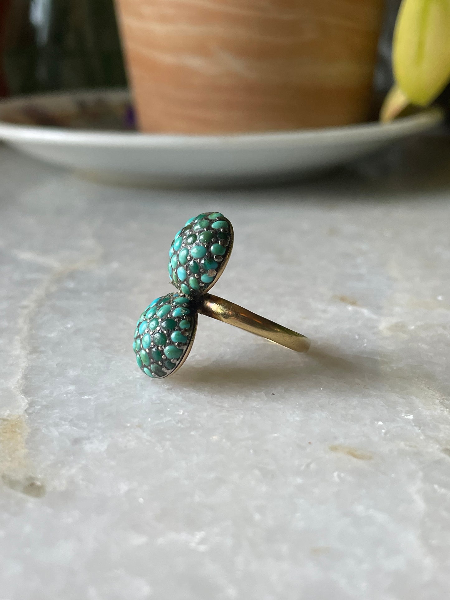 18k Antique Double Bombe Turquoise Cluster Ring