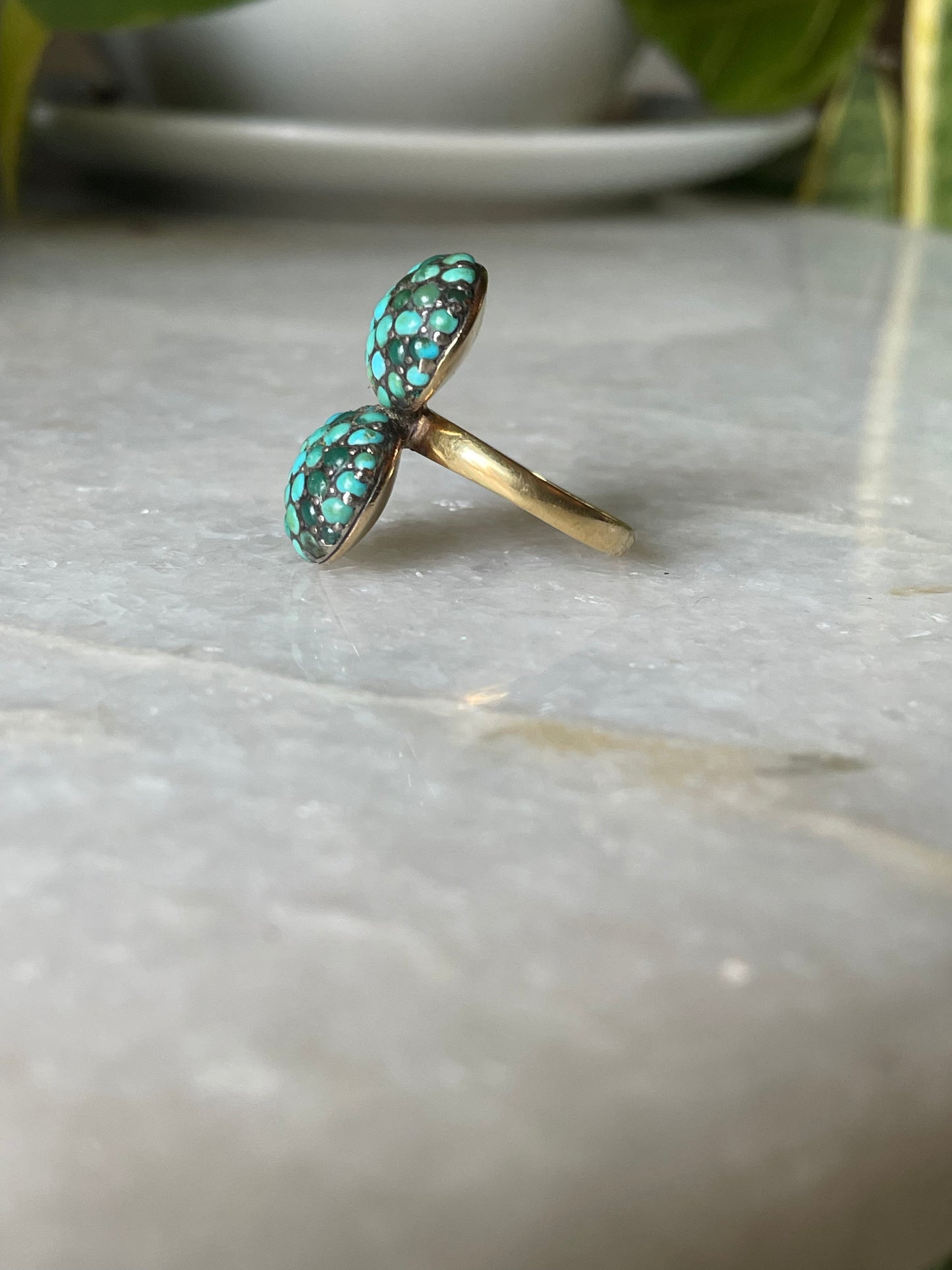 18k Antique Double Bombe Turquoise Cluster Ring