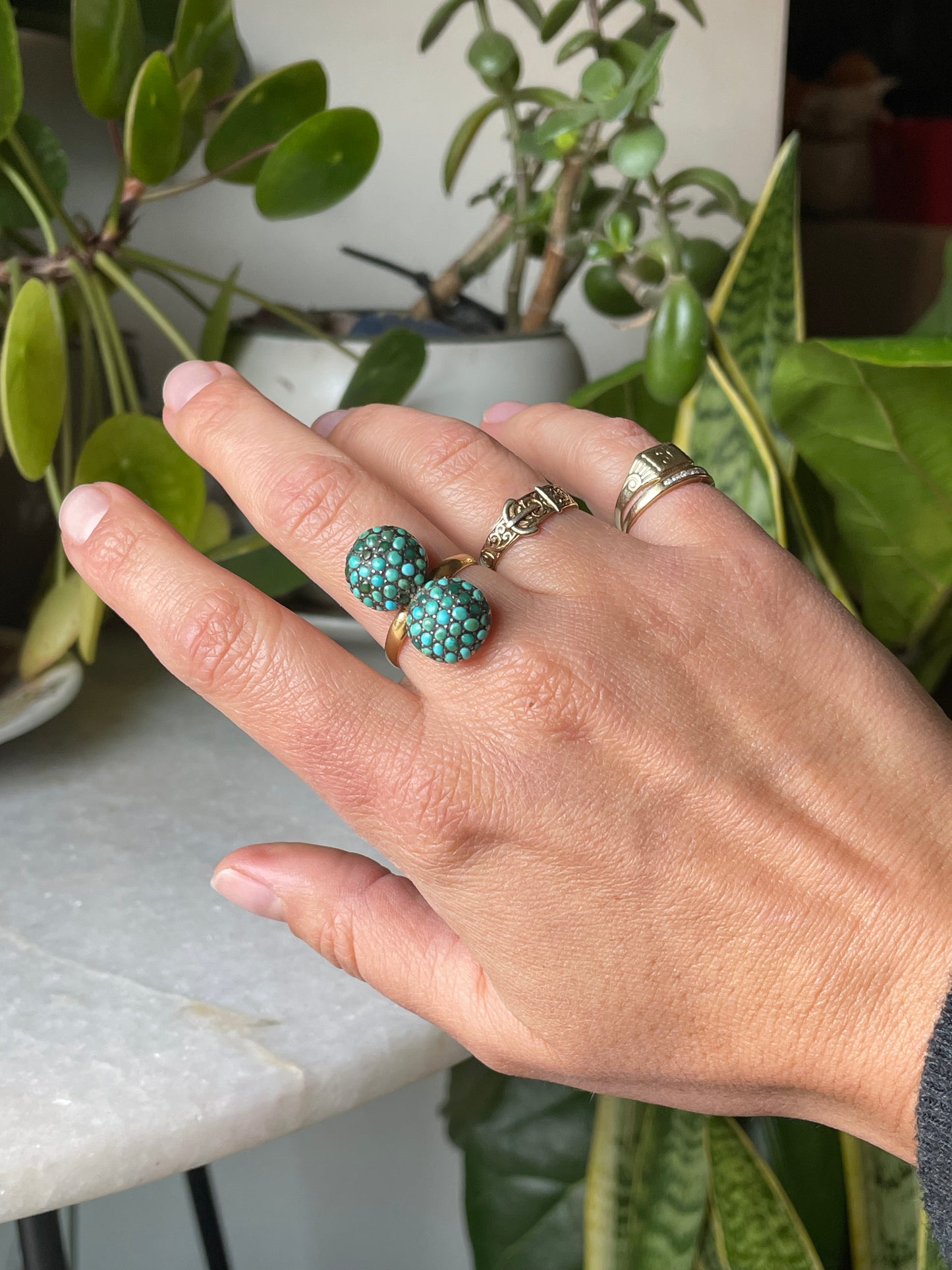 18k Antique Double Bombe Turquoise Cluster Ring