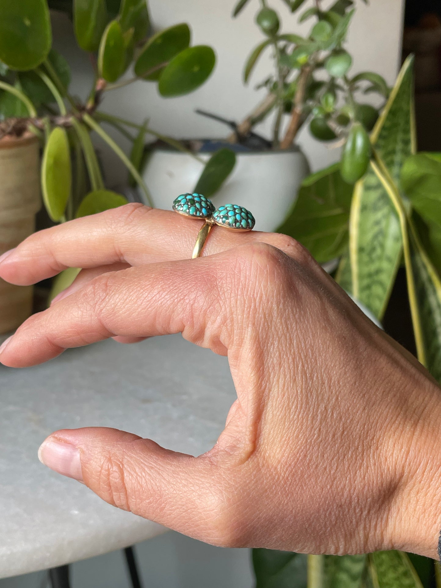 18k Antique Double Bombe Turquoise Cluster Ring