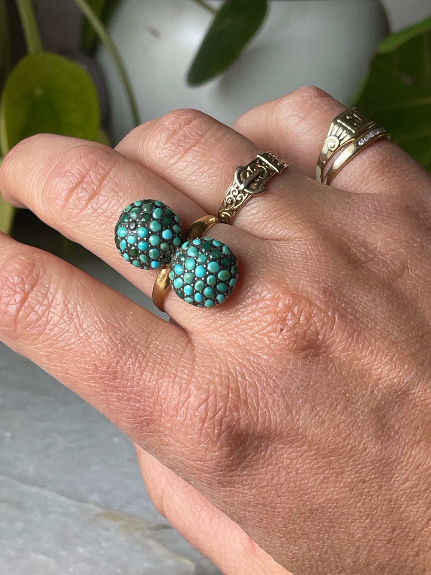 18k Antique Double Bombe Turquoise Cluster Ring