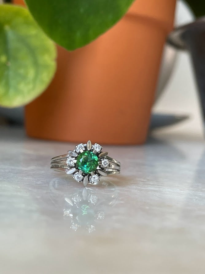 Green/Blue Tourmaline Diamond Halo Ring in 14k White Gold