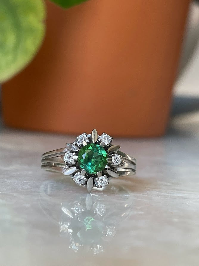 Green/Blue Tourmaline Diamond Halo Ring in 14k White Gold