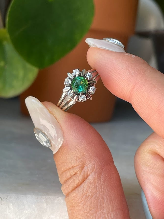 Green/Blue Tourmaline Diamond Halo Ring in 14k White Gold