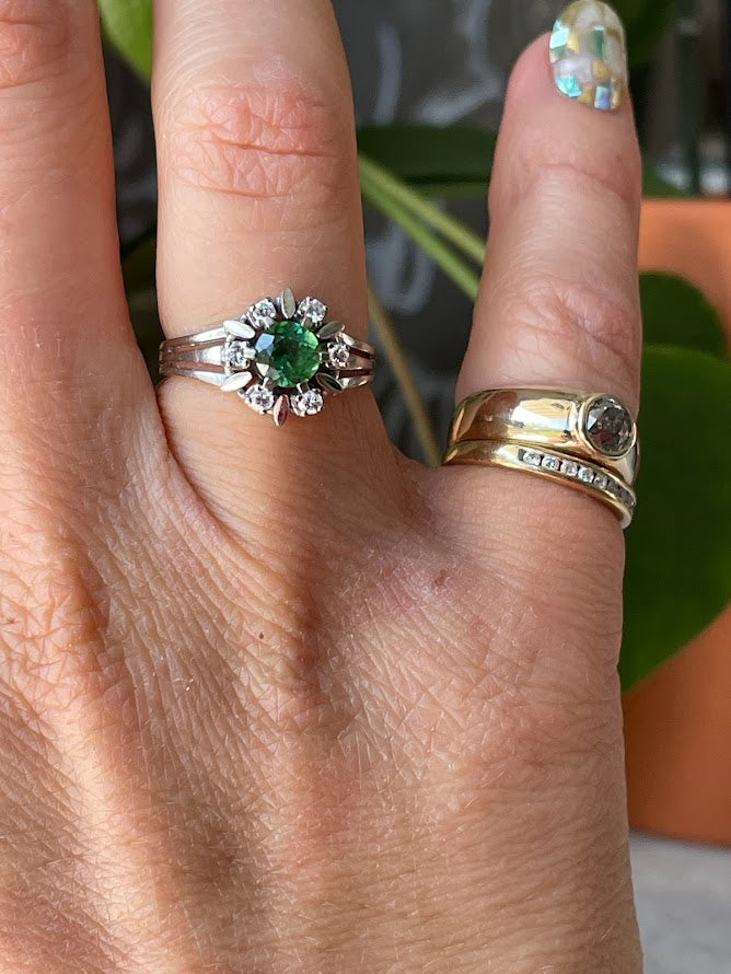 Green/Blue Tourmaline Diamond Halo Ring in 14k White Gold