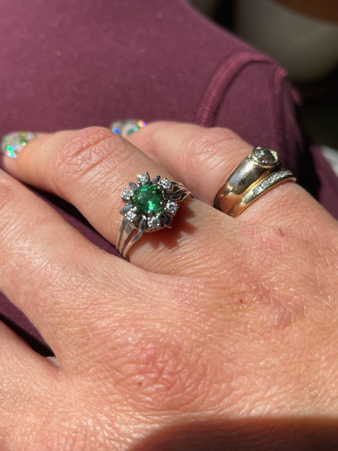 Green/Blue Tourmaline Diamond Halo Ring in 14k White Gold