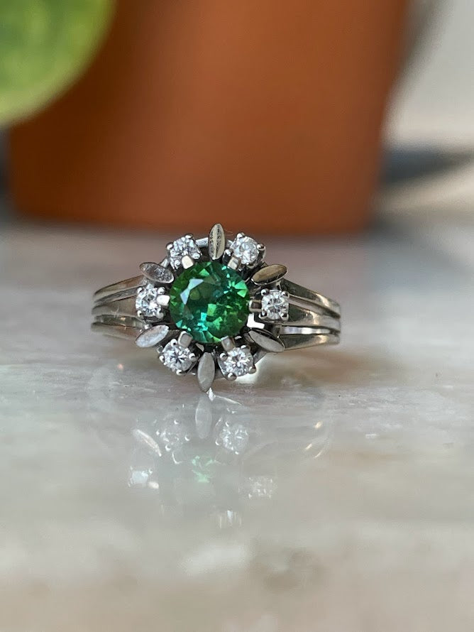 Green/Blue Tourmaline Diamond Halo Ring in 14k White Gold