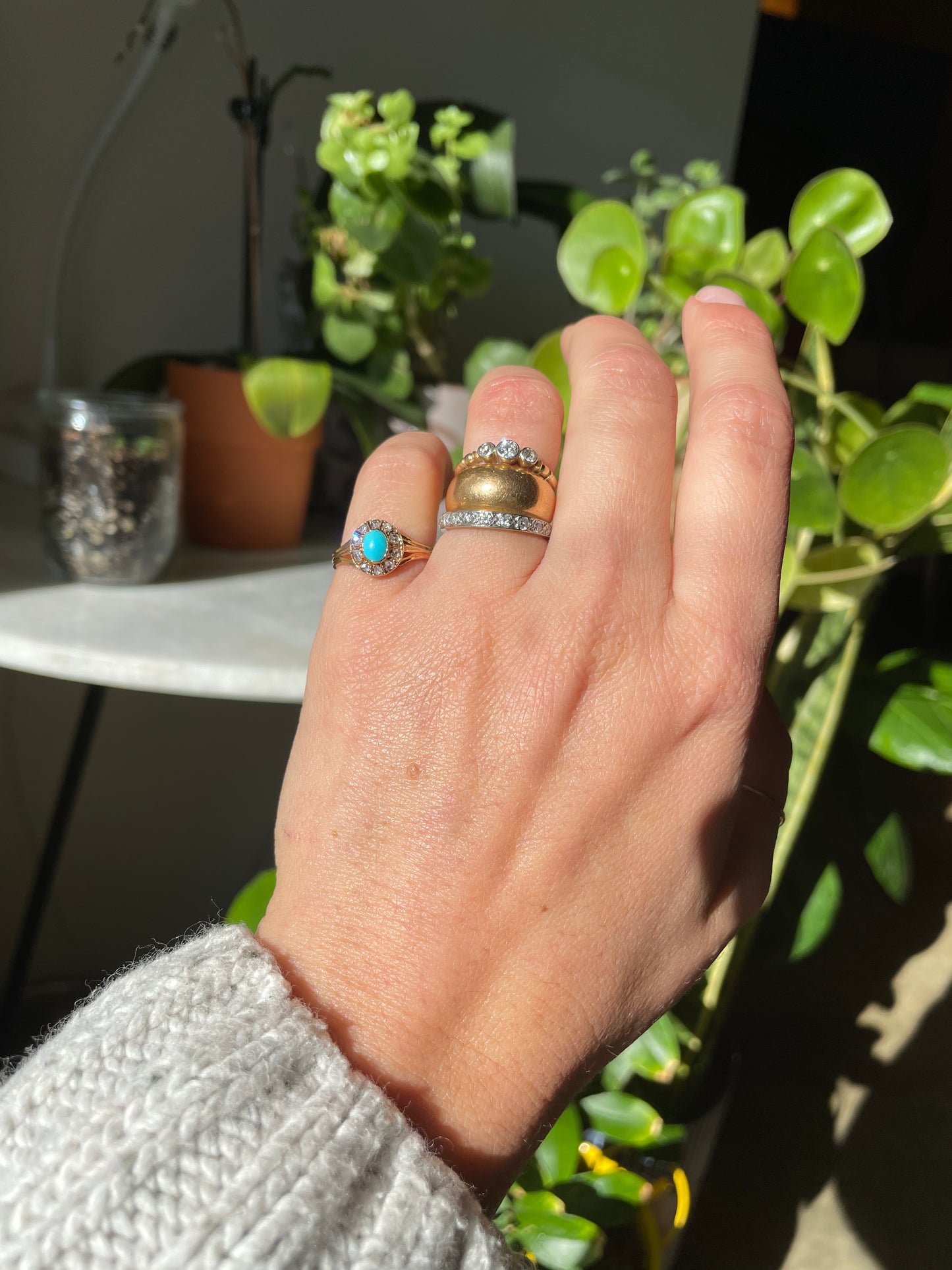 15k Antique (early 1900’s) Turquoise with Rose Cut Diamond Halo Ring