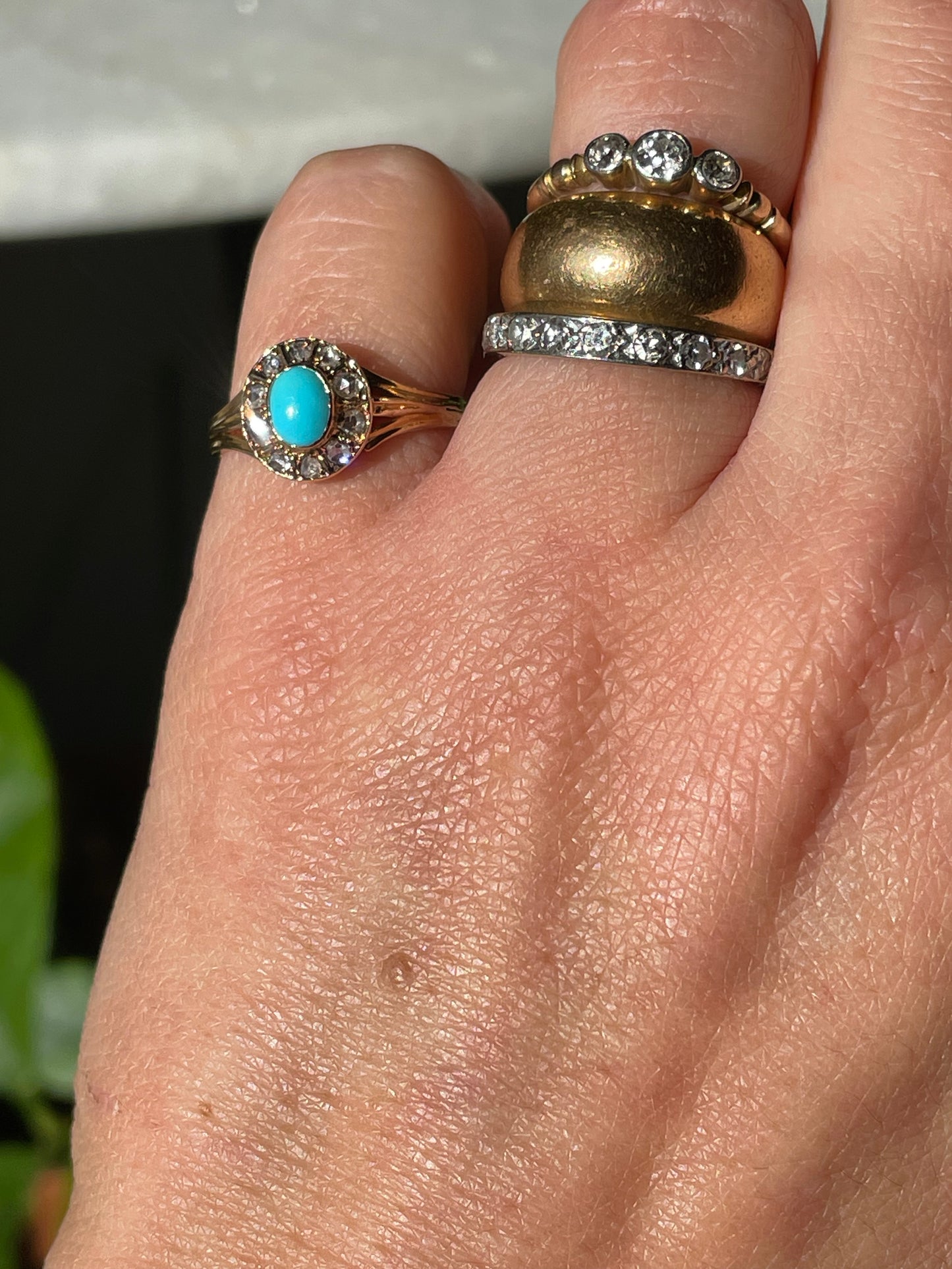 15k Antique (early 1900’s) Turquoise with Rose Cut Diamond Halo Ring