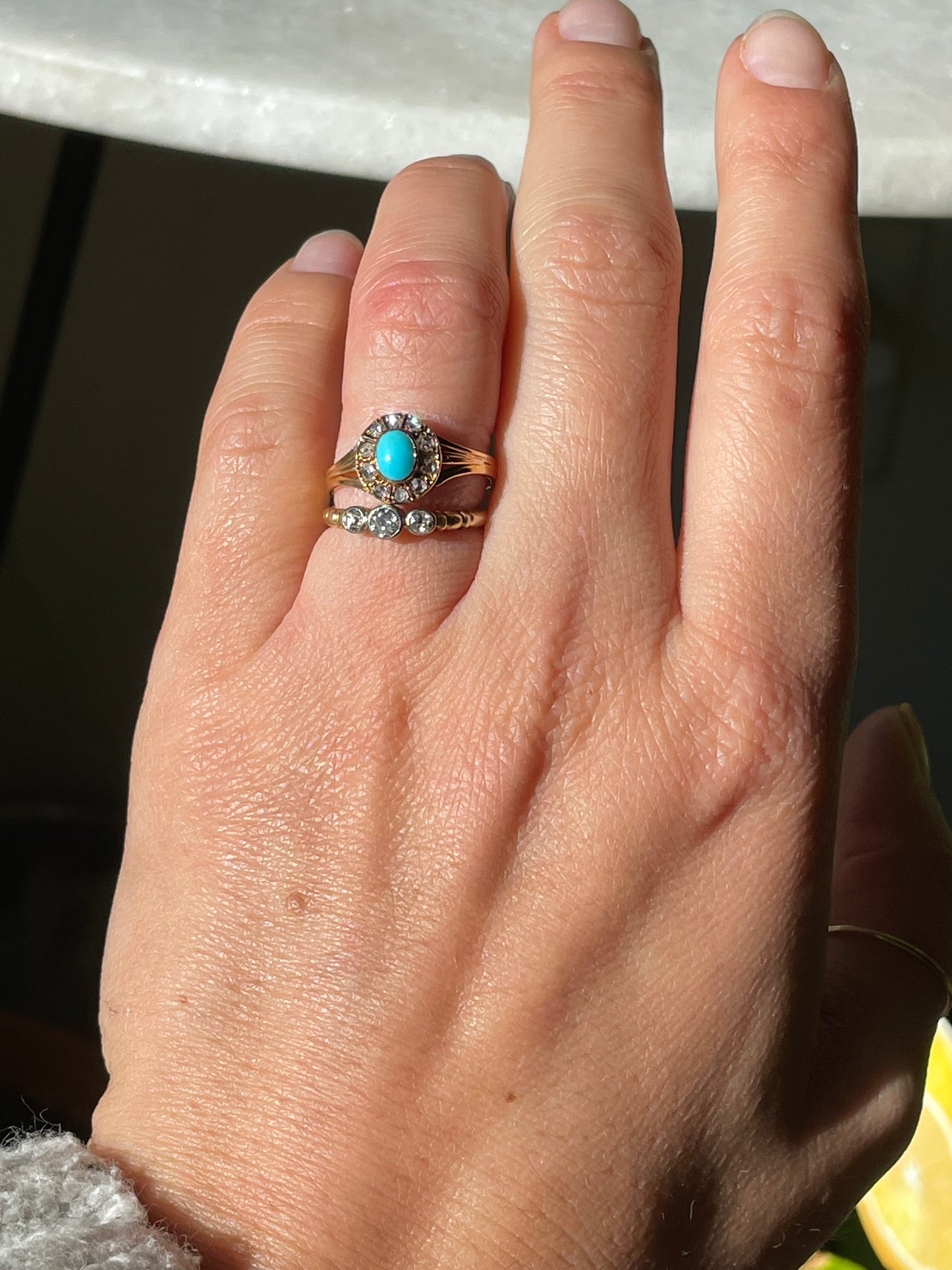 15k Antique (early 1900’s) Turquoise with Rose Cut Diamond Halo Ring