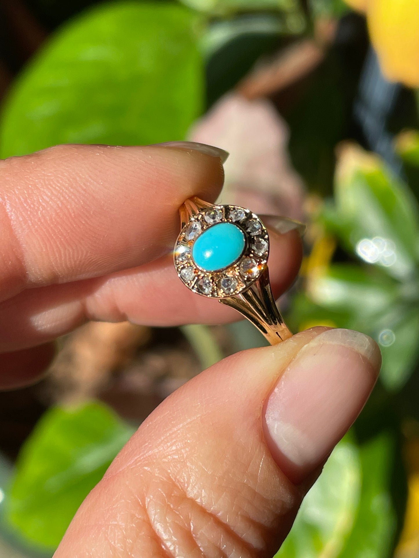 15k Antique (early 1900’s) Turquoise with Rose Cut Diamond Halo Ring