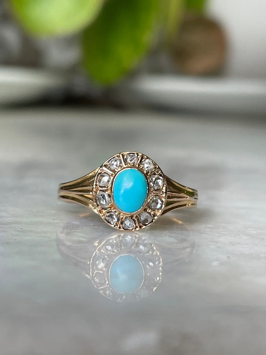 15k Antique (early 1900’s) Turquoise with Rose Cut Diamond Halo Ring