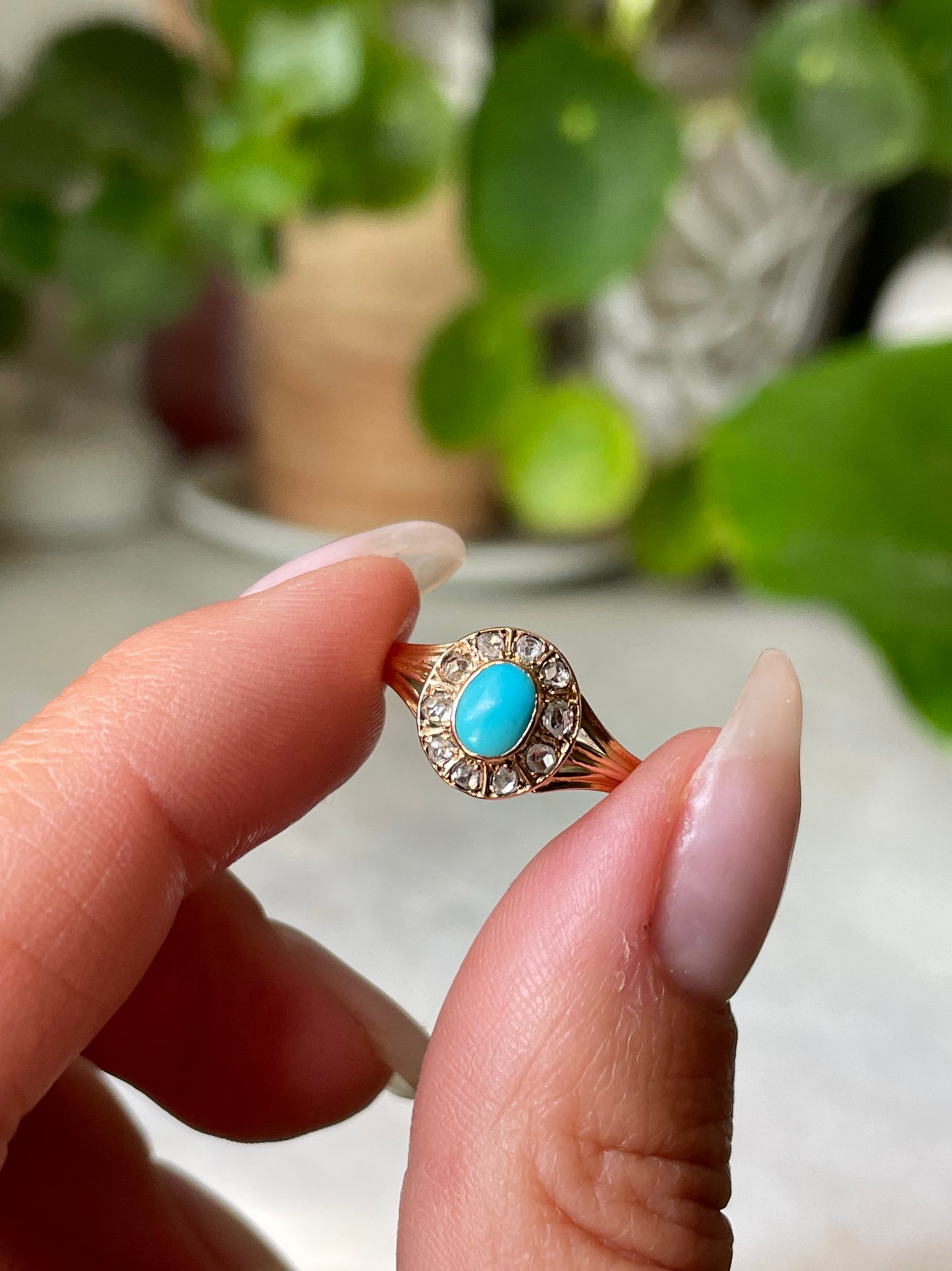 15k Antique (early 1900’s) Turquoise with Rose Cut Diamond Halo Ring