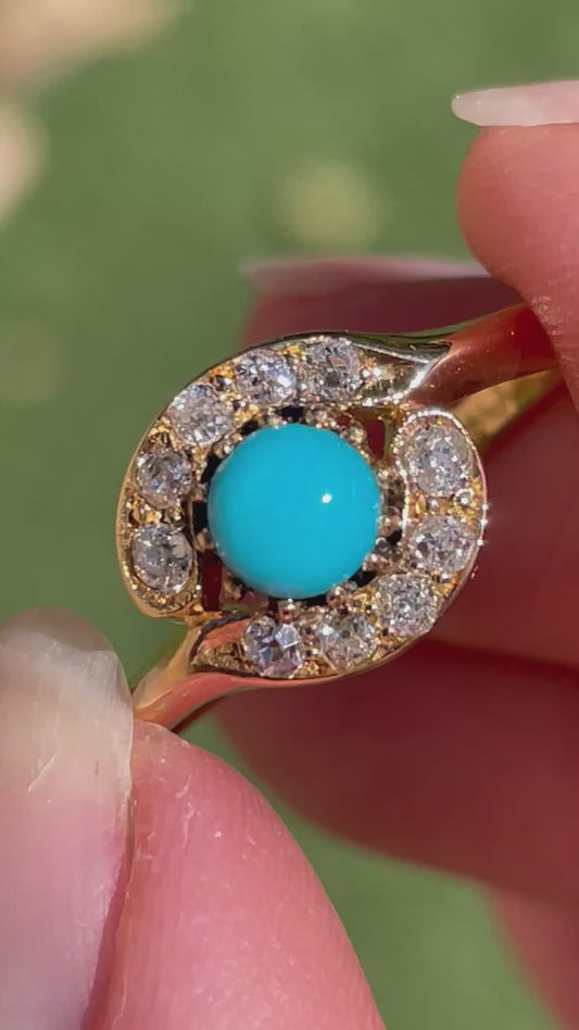 18K Antique OMC Diamond Halo Ring with Sleeping Beauty Turquoise